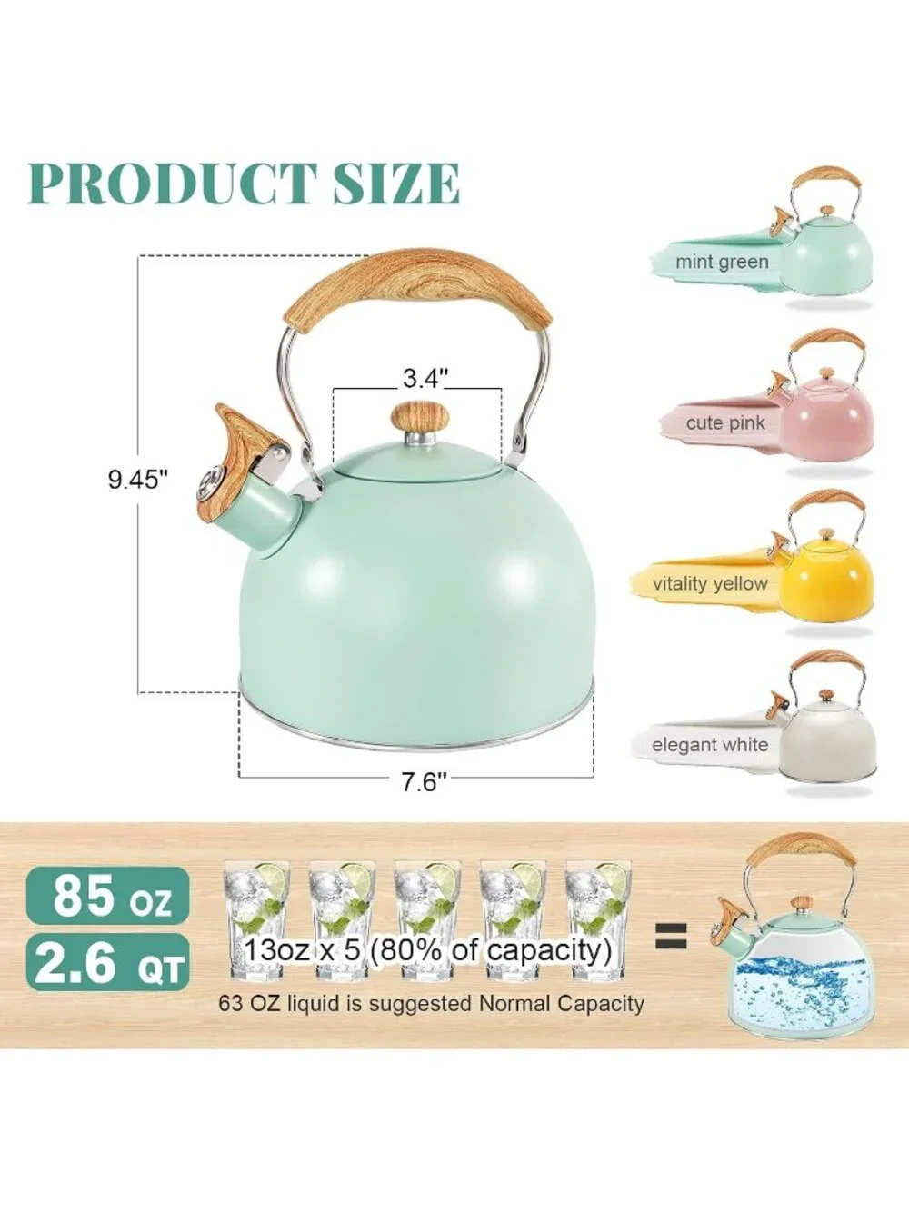 GGC Mint Green Stainless Steel Kettles 2.6QT Whistling Stove Top Folding Handle